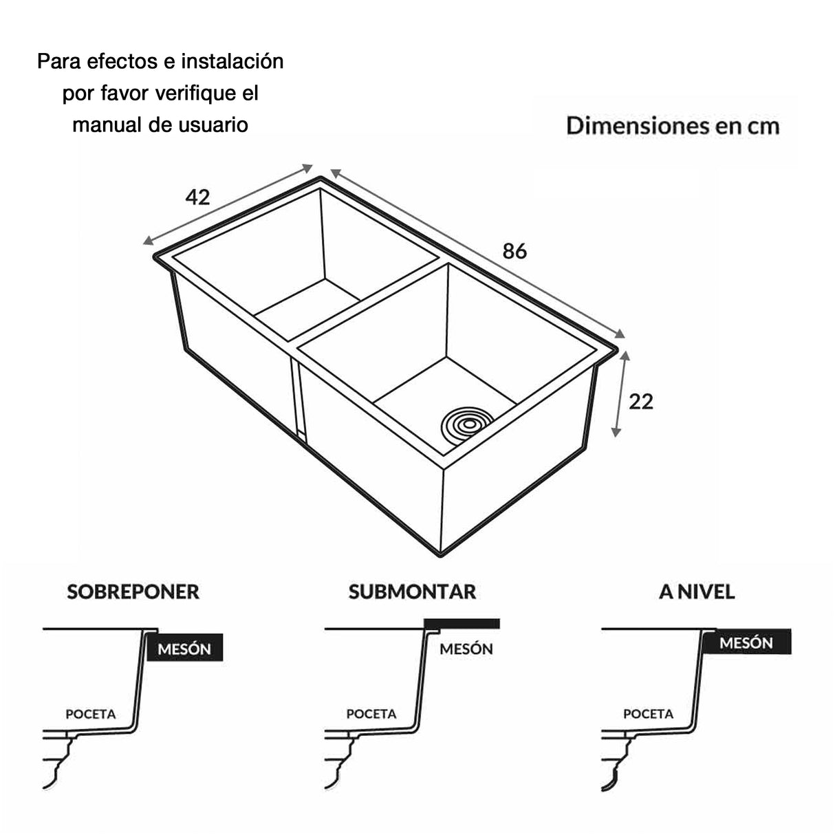 Lavaplatos de Submontar Challenger Gris 86x22cm Rectangular Doble sin Grifería - COCINAS | Bylmo