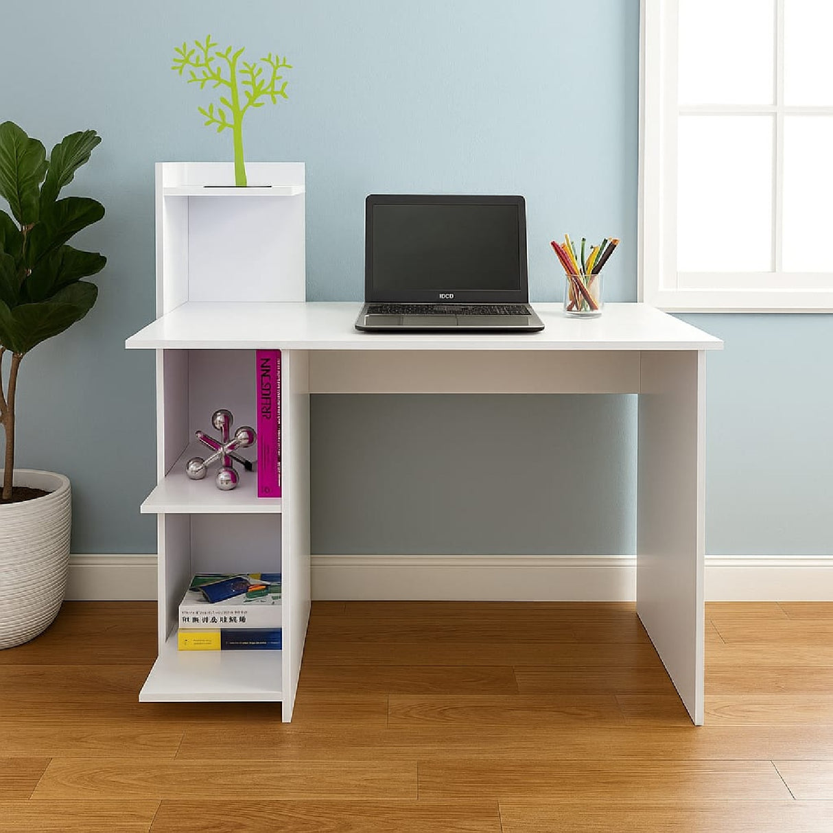 Combo Escritorio y Silla King Blanco 120x120cm sin Cajones y con Organizador de Libros - Escritorios y Archivadores | Bylmo