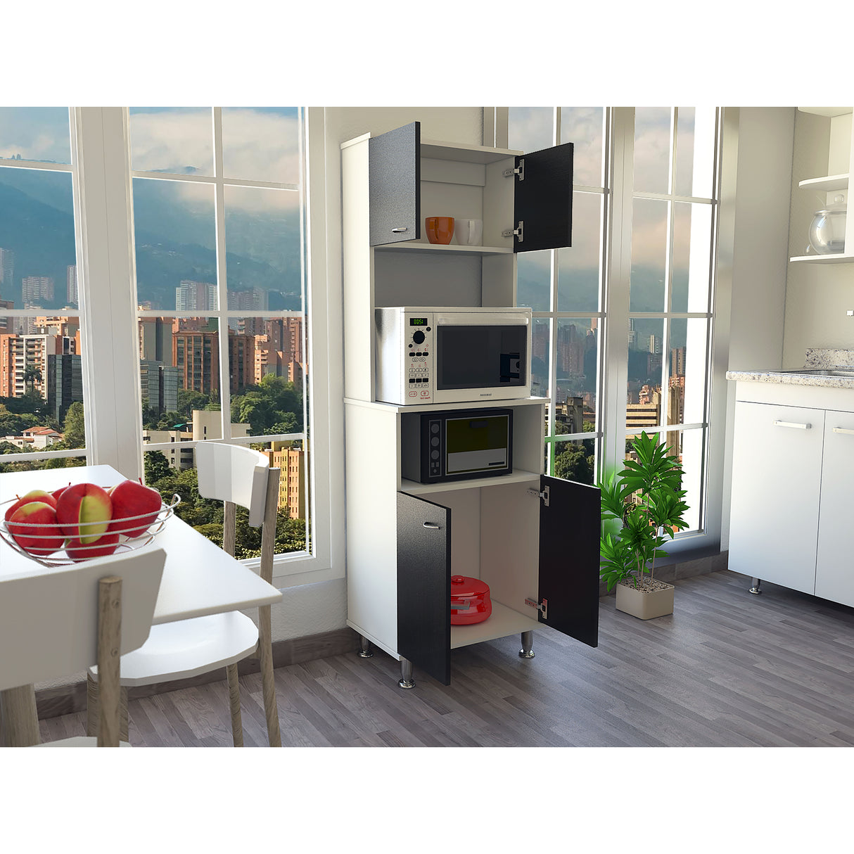 Alacena Fenix Blanco y Wengue 54x160cm sin Cajones y con Cuatro Puertas - Muebles Organizadores | Bylmo