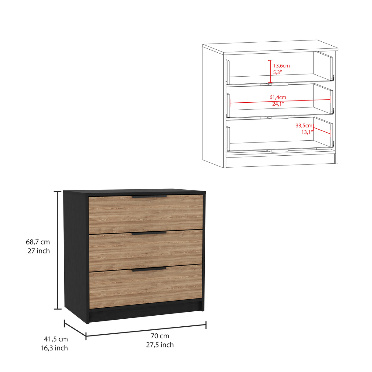 Cómoda Kaia Miel 70x68.7cm De Tres Hileras con Tres Cajones - Cajoneras | Bylmo