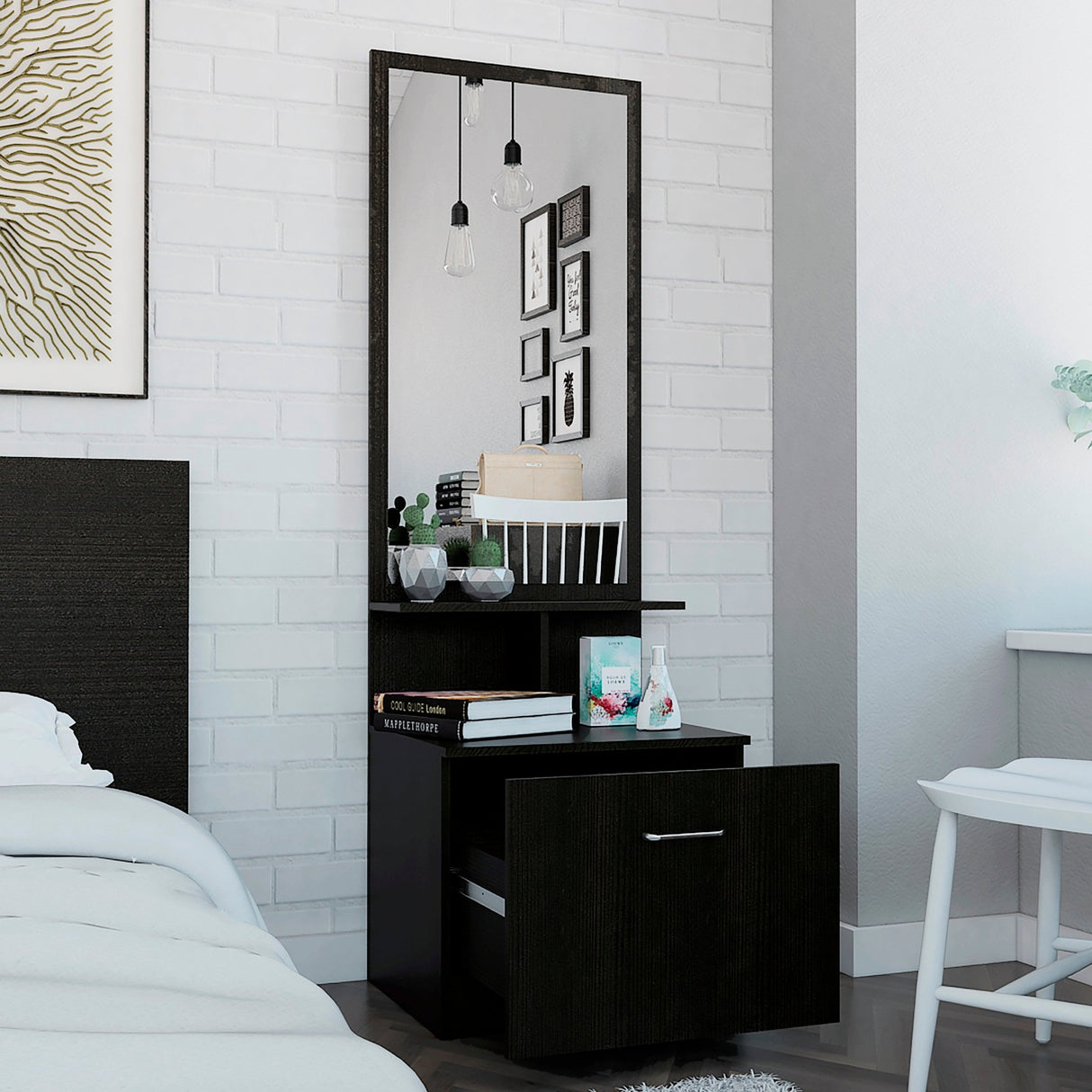 Cómoda Tulum Wengue y Blanco 54 cm con Espejo y Un Cajón - Cajoneras | Bylmo