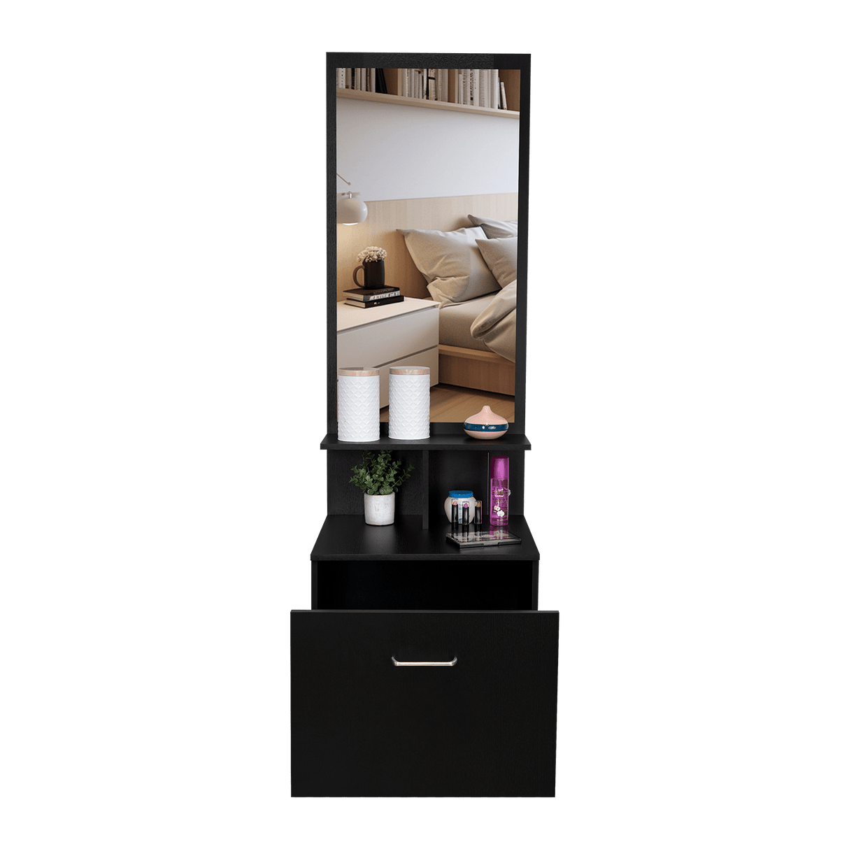 Cómoda Tulum Wengue y Blanco 54 cm con Espejo y Un Cajón - Cajoneras | Bylmo