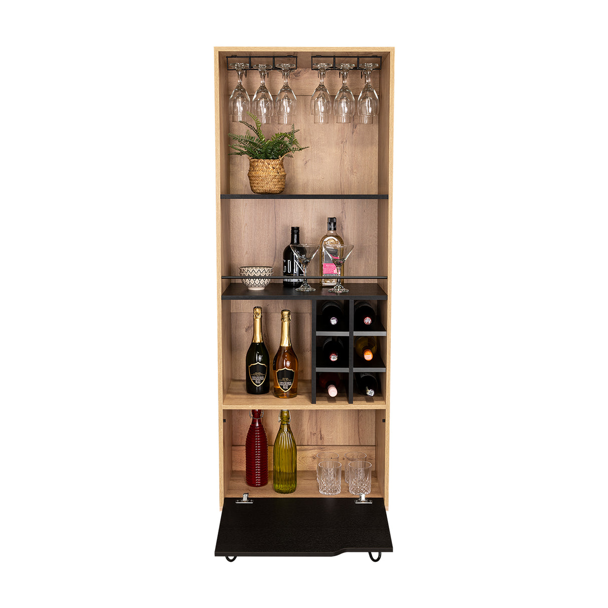 Bar Audra Duna y Wengue 59.7x180cm con Cuatro Compartimientos con Seis Portacopas y con Seis Portabotellas - Bares | Bylmo