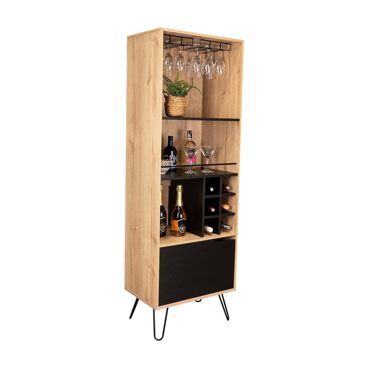 Bar Audra Duna y Wengue 59.7x180cm con Cuatro Compartimientos con Seis Portacopas y con Seis Portabotellas - Bares | Bylmo