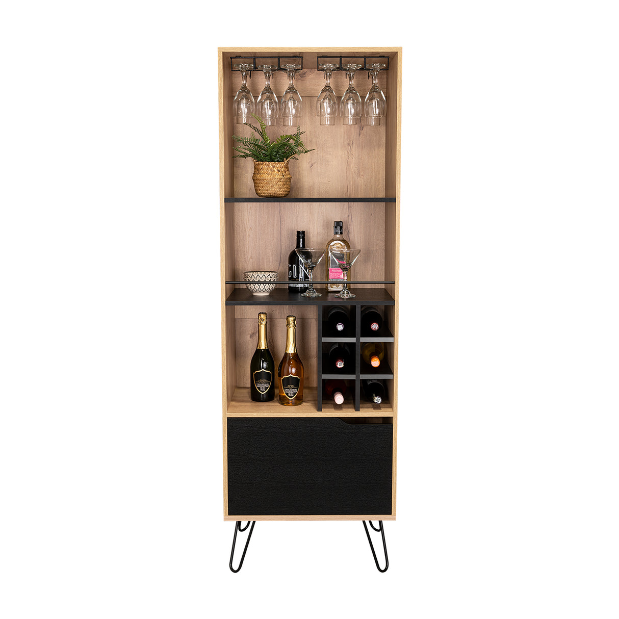 Bar Audra Duna y Wengue 59.7x180cm con Cuatro Compartimientos con Seis Portacopas y con Seis Portabotellas - Bares | Bylmo