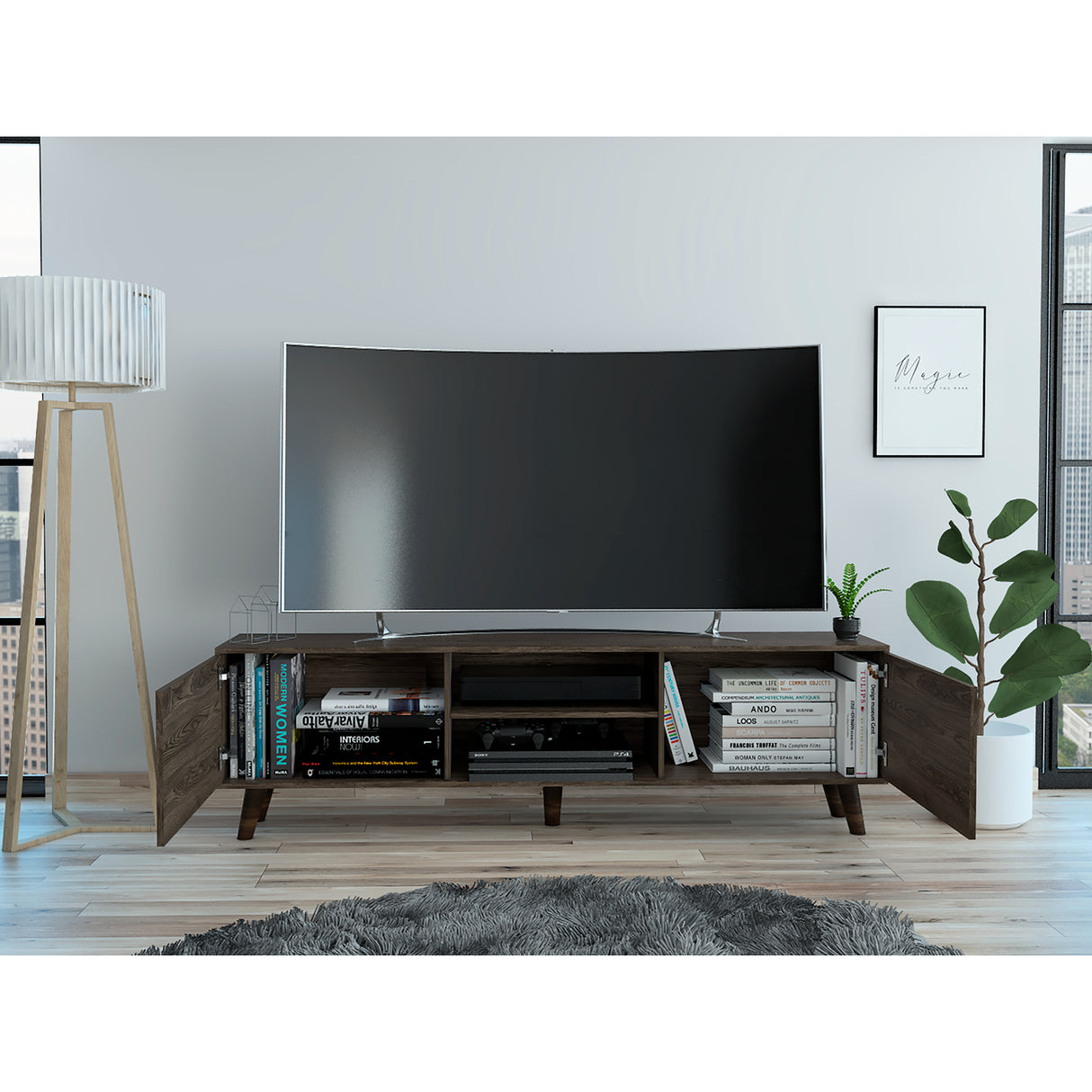 Rack de TV Z Coñac 180x52.5cm Para TV Hasta 80 Pulgadas con Dos Cajones con Ranuras para Cables y con Patas - Muebles para TV | Bylmo