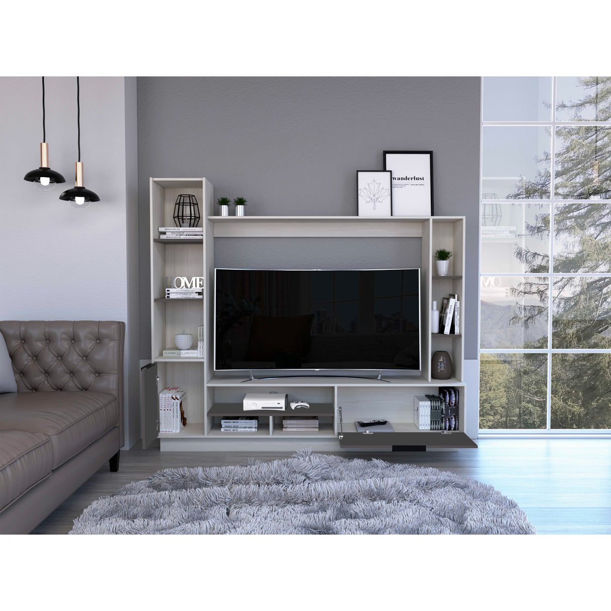 Centro de Entretenimiento Marsella Niebla 202x176.8cm para TV Hasta 60 Pulgadas con Ranuras para Cables y con Once Compartimientos - Muebles para TV | Bylmo