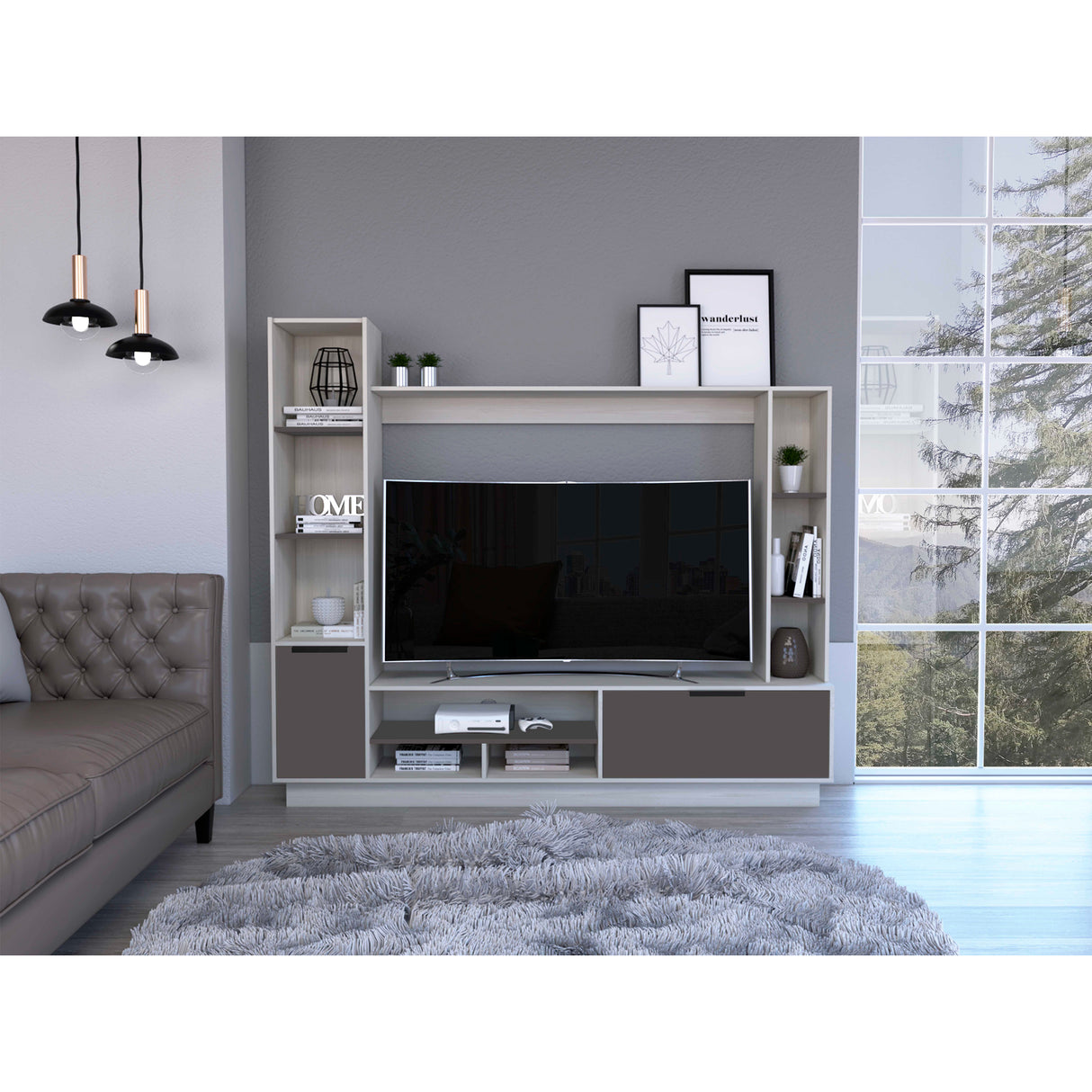 Centro de Entretenimiento Marsella Niebla 202x176.8cm para TV Hasta 60 Pulgadas con Ranuras para Cables y con Once Compartimientos - Muebles para TV | Bylmo