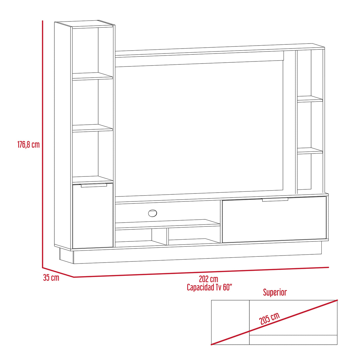 Centro de Entretenimiento Marsella Niebla 202x176.8cm para TV Hasta 60 Pulgadas con Ranuras para Cables y con Once Compartimientos - Muebles para TV | Bylmo