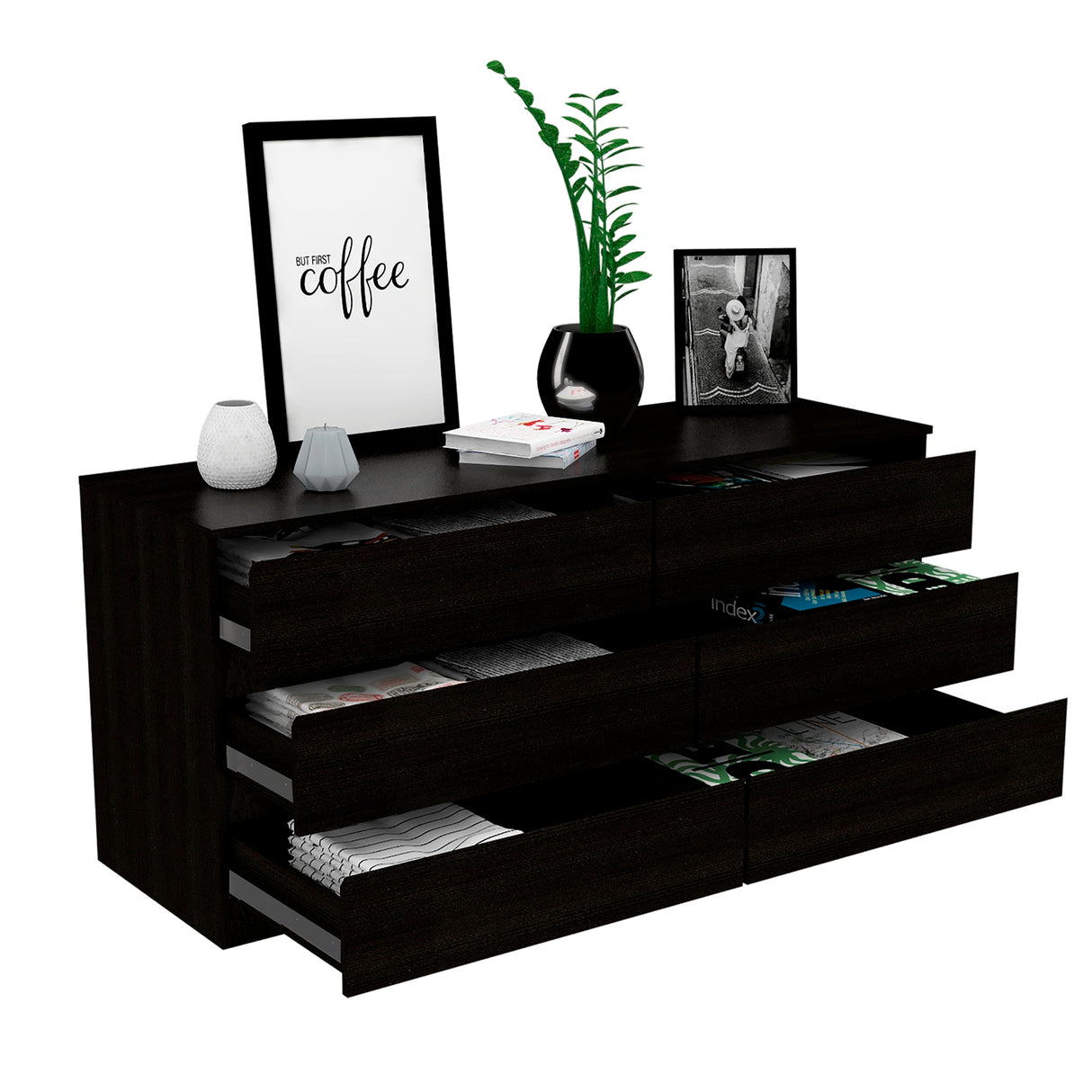 Cómoda Asteria Wengue 153.6x71.8cm de Tres Hileras con Seis Cajones y Agarre Invisible - CAJONERAS Y COMODAS | Bylmo