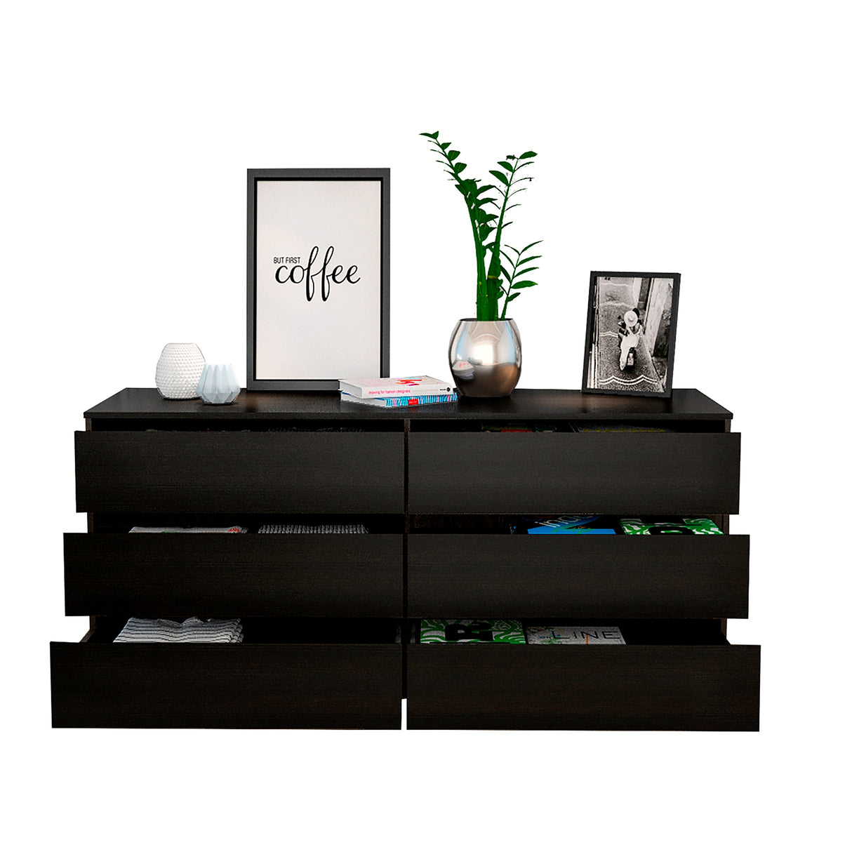 Cómoda Asteria Wengue 153.6x71.8cm de Tres Hileras con Seis Cajones y Agarre Invisible - CAJONERAS Y COMODAS | Bylmo