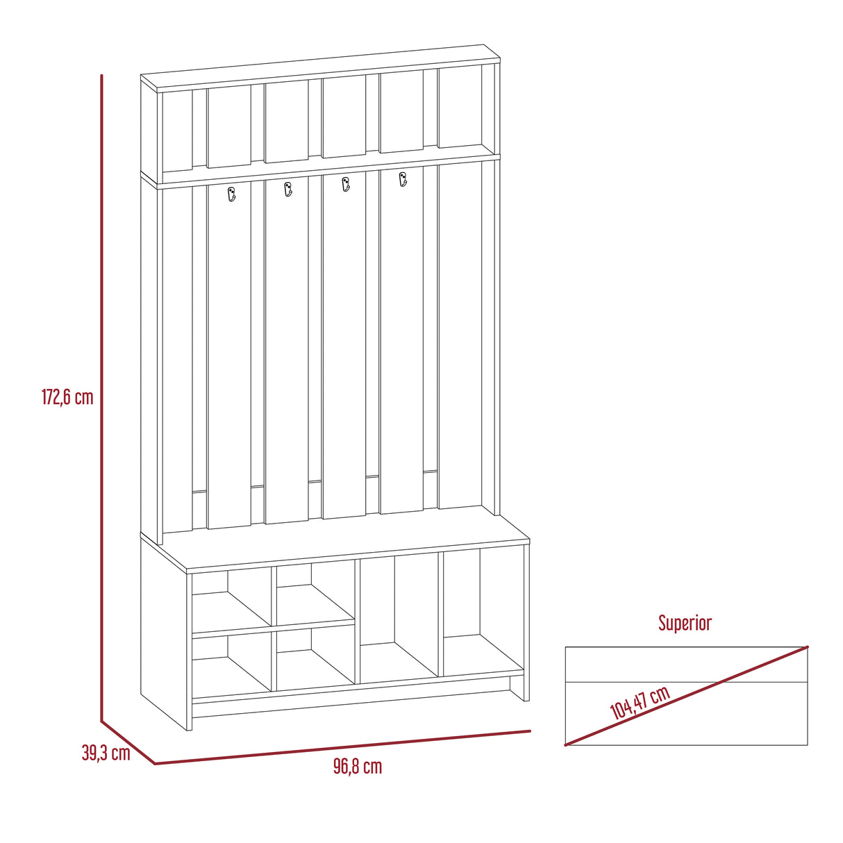 Mueble Recibidor Beijing Coñac 96.8x172.6cm con Seis Compartimientos y Cuatro Perchos - Repisas y Percheros | Bylmo
