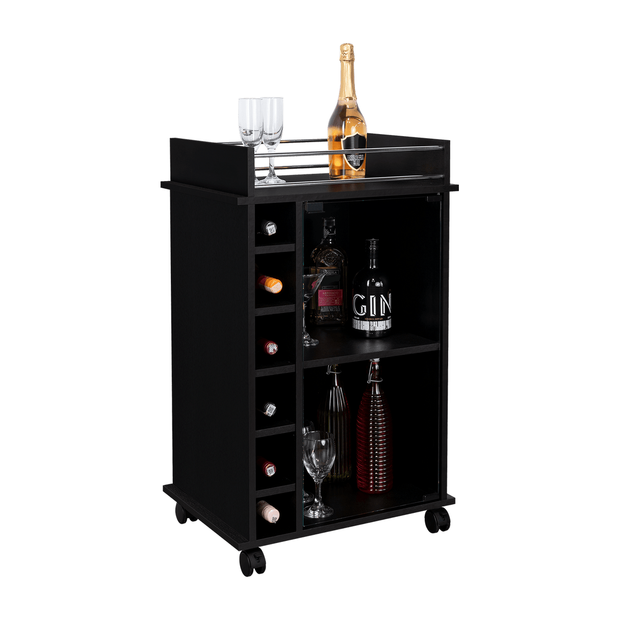 Bar Dukat Wengue 55x89cm con Dos Compartimientos con Seis Portabotellas y con Ruedas - BARES | Bylmo