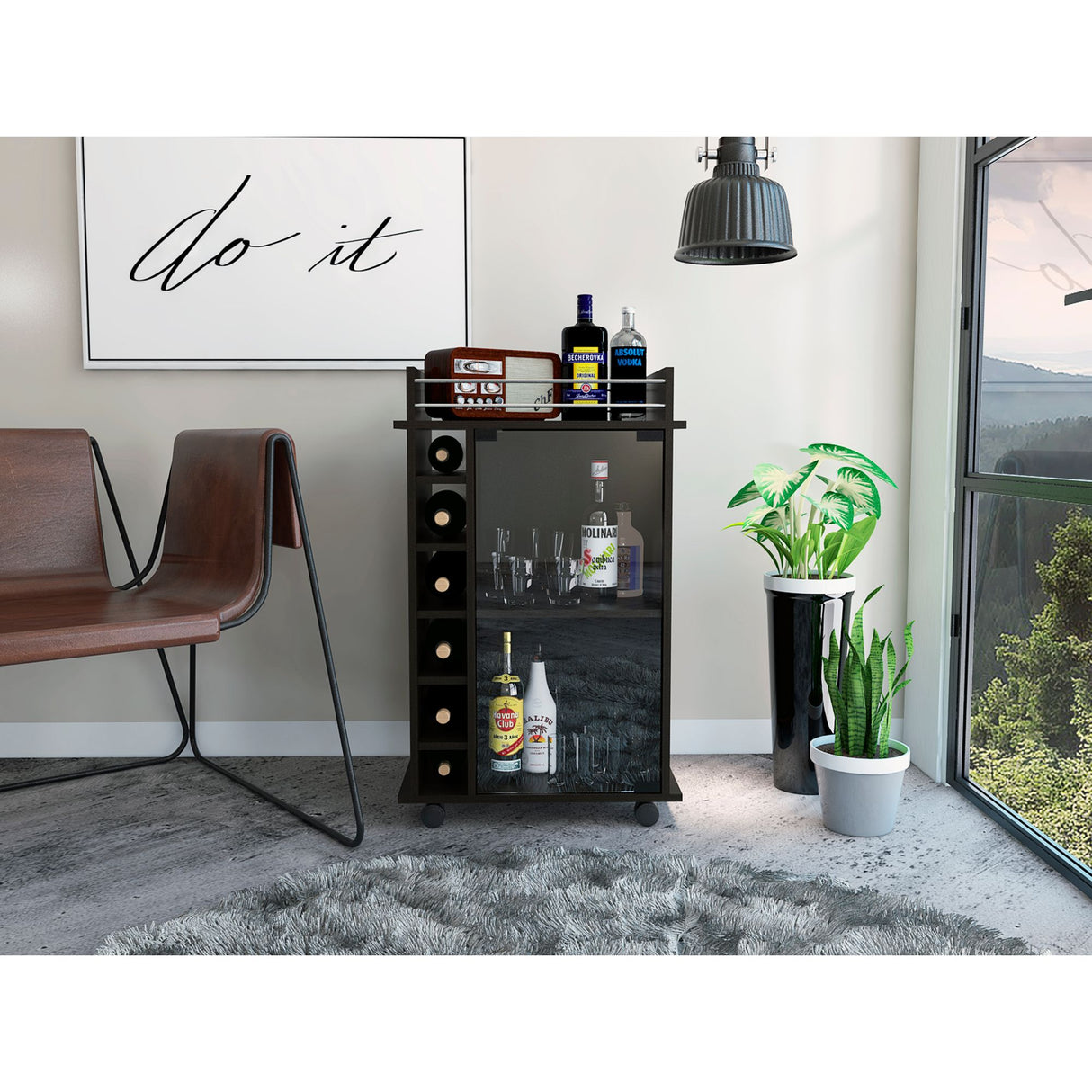 Bar Dukat Wengue 55x89cm con Dos Compartimientos con Seis Portabotellas y con Ruedas - BARES | Bylmo
