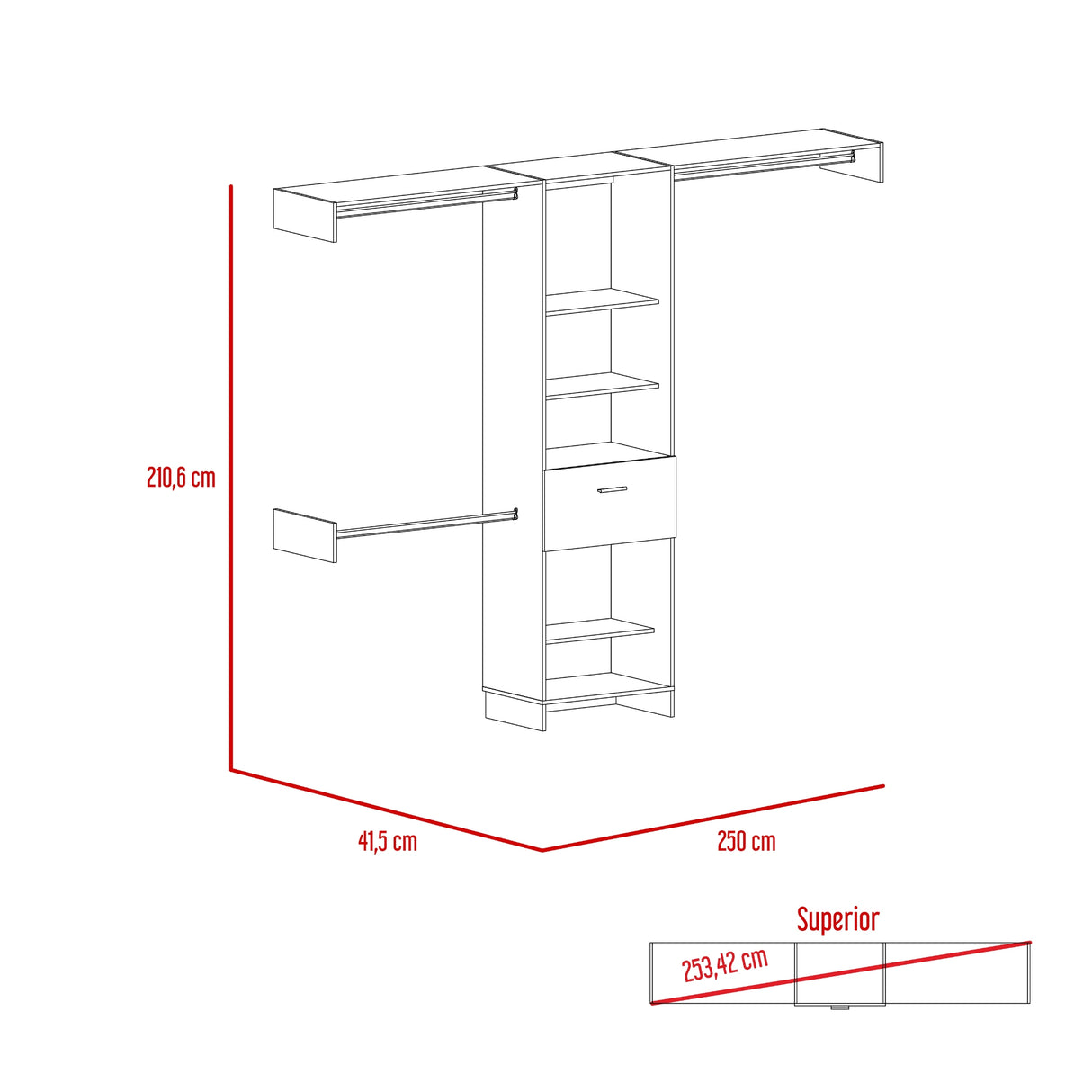 Closet Abierto Manchester Wengue 250x210.6cm con Un Cajón - CLOSETS | Bylmo