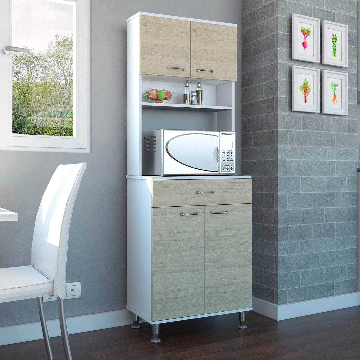 Módulo Microondas Kitchen 60 Blanco y Rovere 60x169cm con Un Cajón y con Cuatro Puertas - ALACENAS Y MUEBLES MICROONDAS | Bylmo