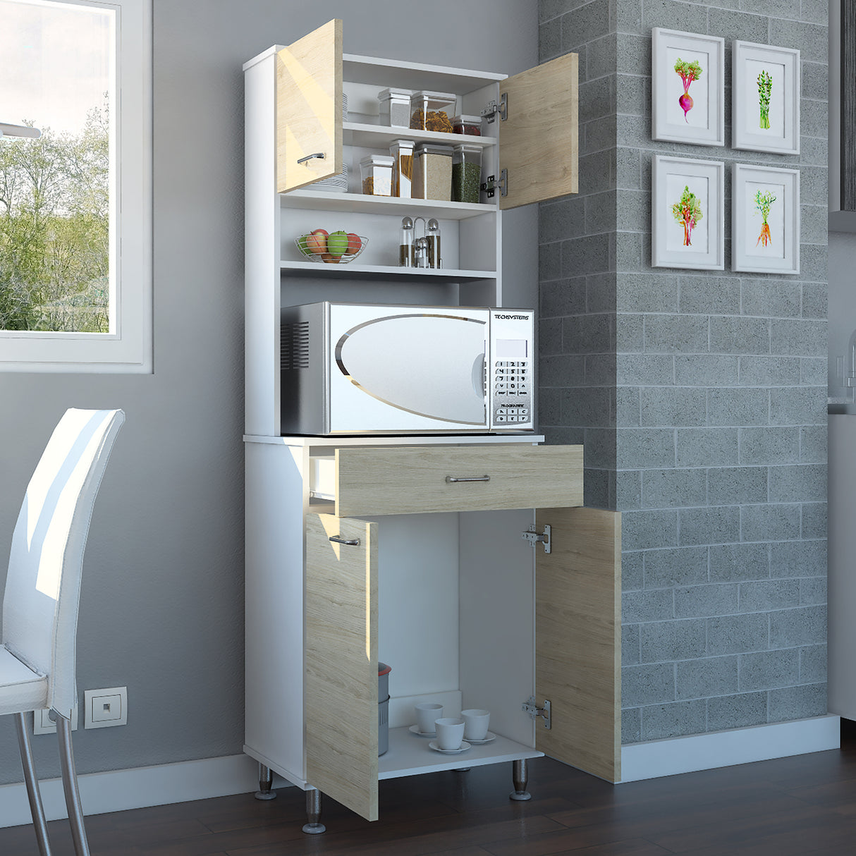 Módulo Microondas Kitchen 60 Blanco y Rovere 60x169cm con Un Cajón y con Cuatro Puertas - ALACENAS Y MUEBLES MICROONDAS | Bylmo