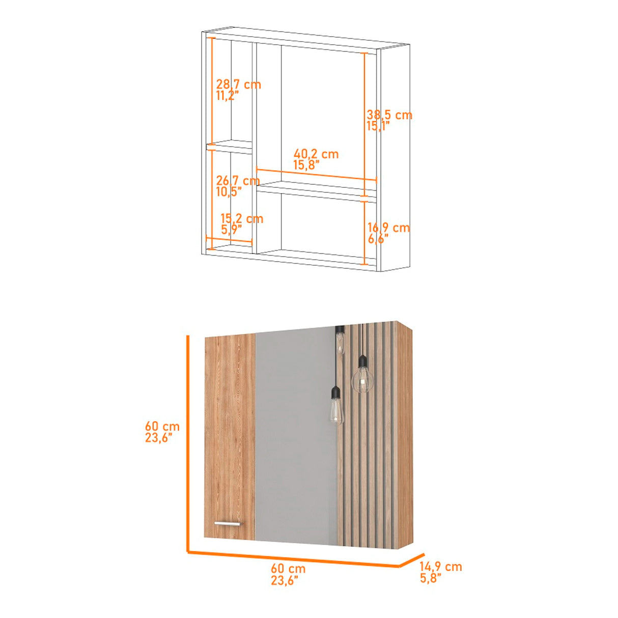 Gabinete de Baño Barcelona Miel 60x60cm Rectangular con Espejo y con Dos Puertas - GABINETES DE BANHO | Bylmo