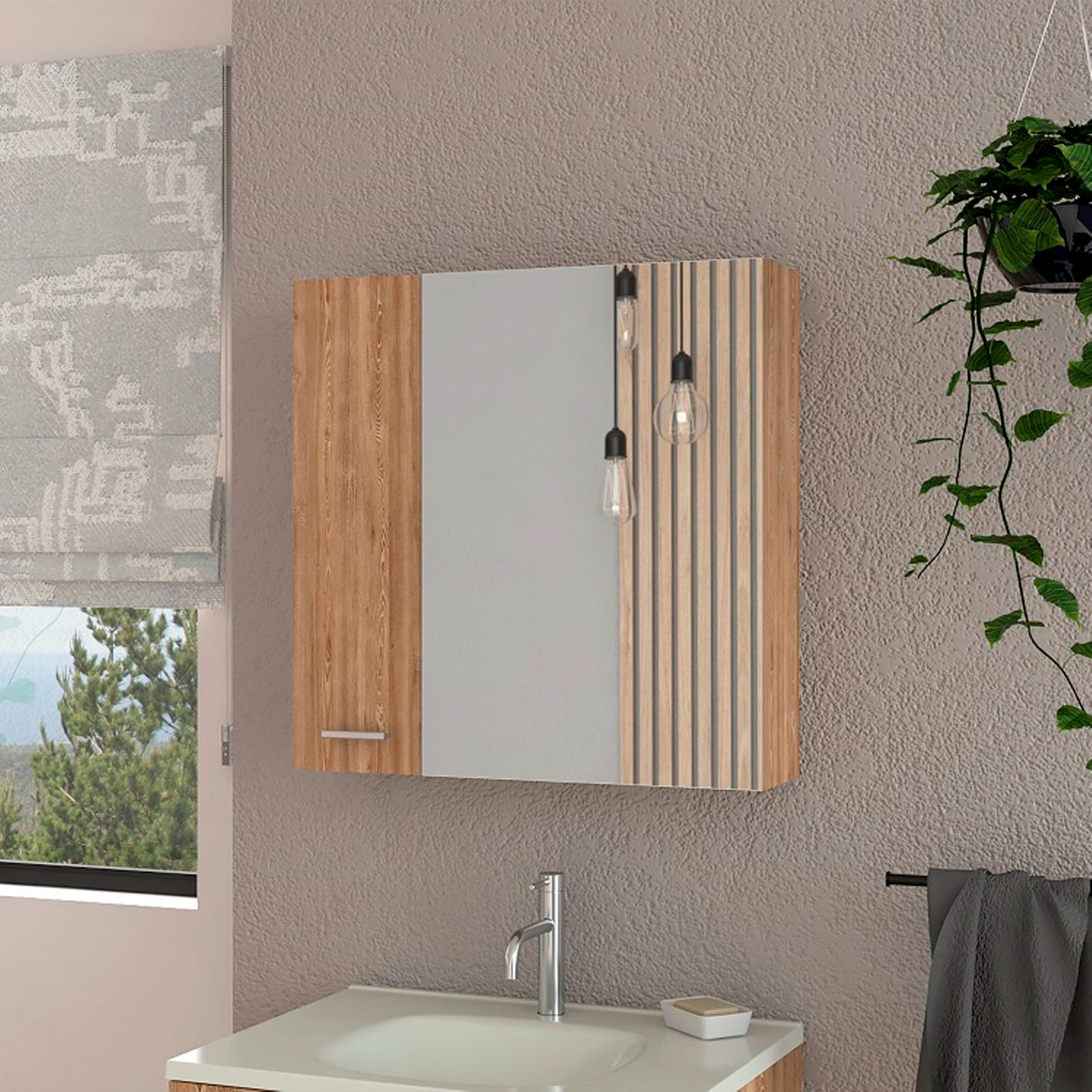 Gabinete de Baño Barcelona Miel 60x60cm Rectangular con Espejo y con Dos Puertas - GABINETES DE BANHO | Bylmo