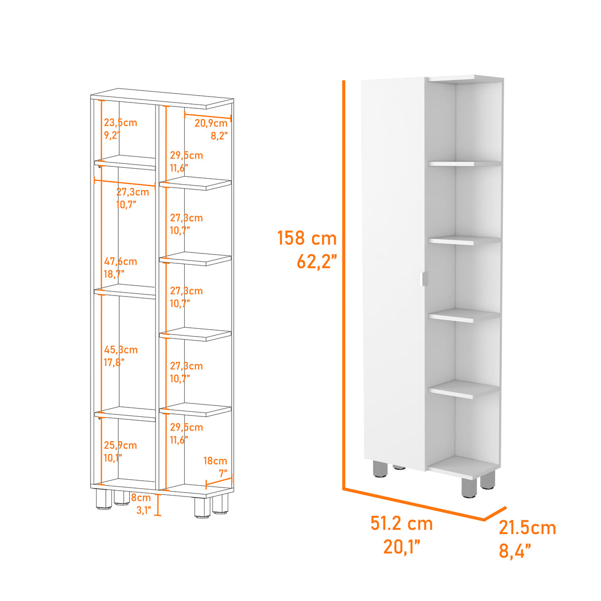 Mueble Esquinero Urano Blanco 51.2x158cm con Siete Entrepaños - OTROS MUEBLES PARA BANHO | Bylmo