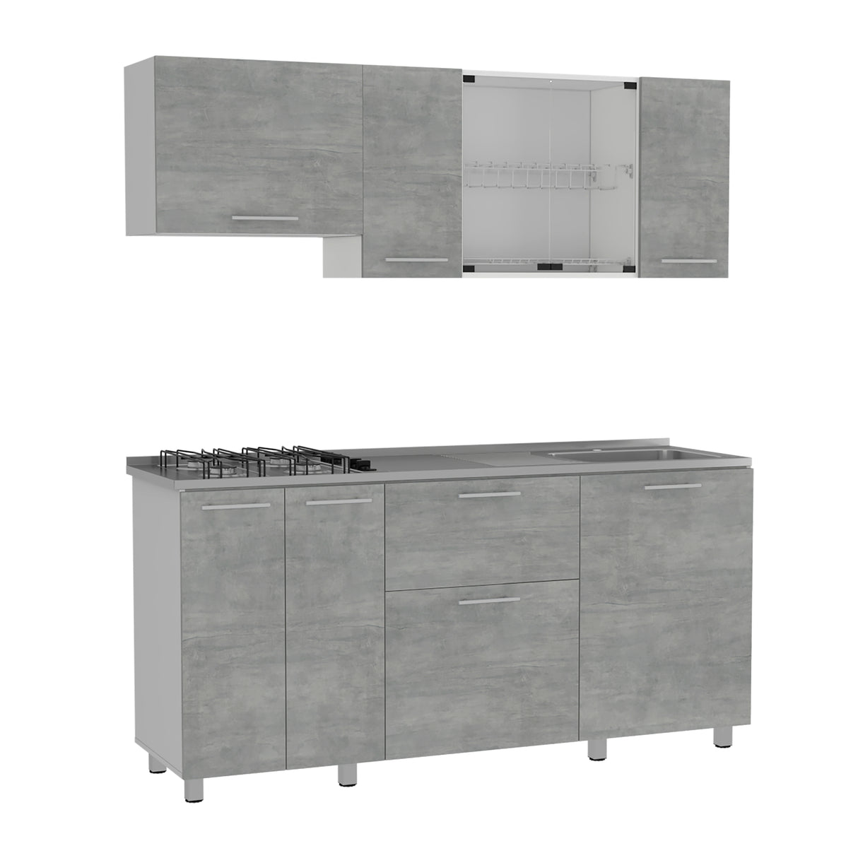 Cocina Linar Blanco y Cemento 180x60cm con Mesón de Acero Inoxidable Lado Derecho y sin Estufa - COCINAS | Bylmo