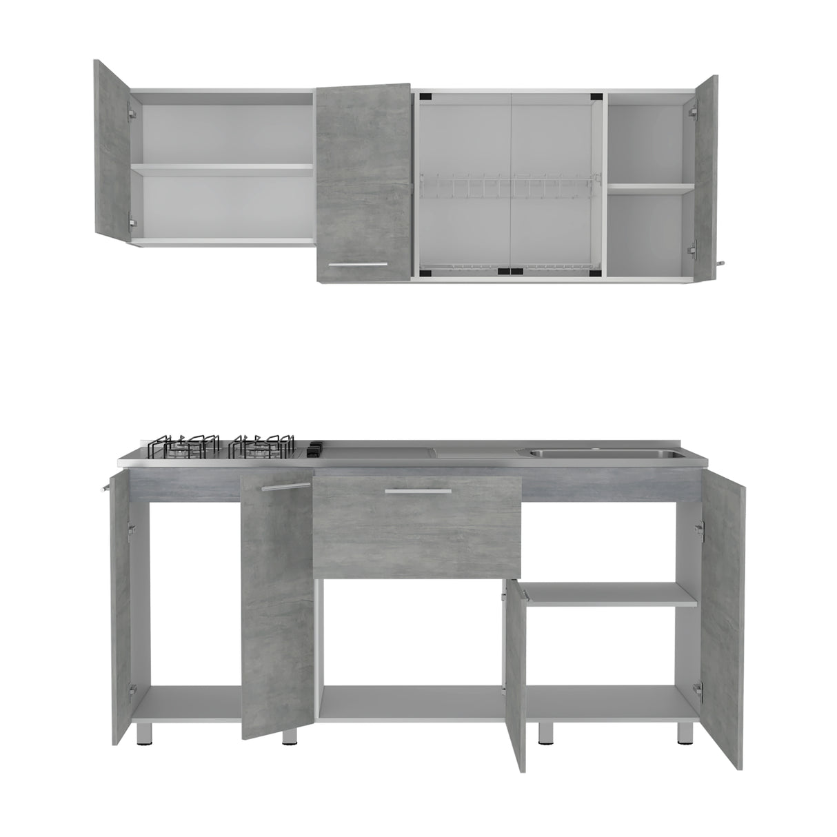 Cocina Linar Blanco y Cemento 180x60cm con Mesón de Acero Inoxidable Lado Derecho y sin Estufa - COCINAS | Bylmo