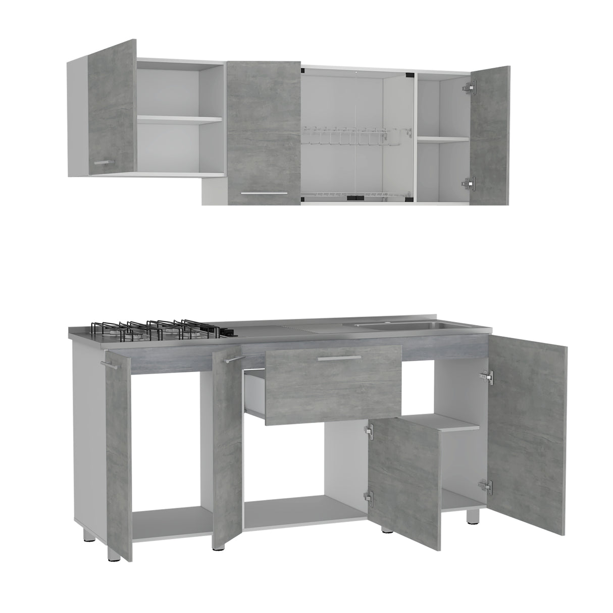 Cocina Linar Blanco y Cemento 180x60cm con Mesón de Acero Inoxidable Lado Derecho y sin Estufa - COCINAS | Bylmo