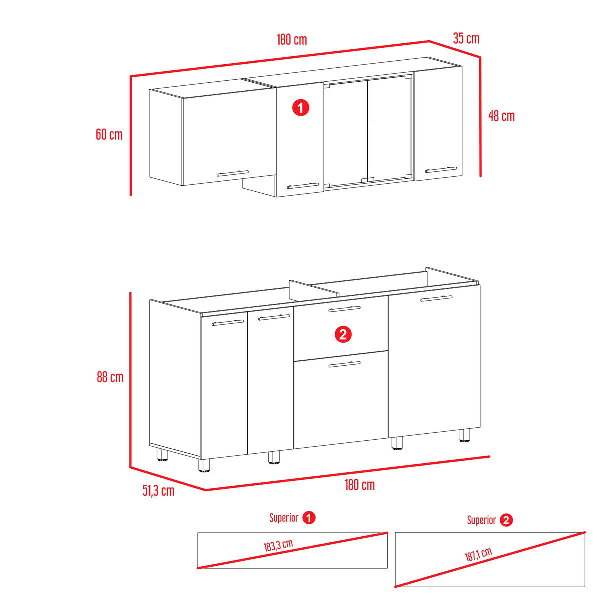 Cocina Linar Blanco y Cemento 180x60cm con Mesón de Acero Inoxidable Lado Derecho y sin Estufa - COCINAS | Bylmo