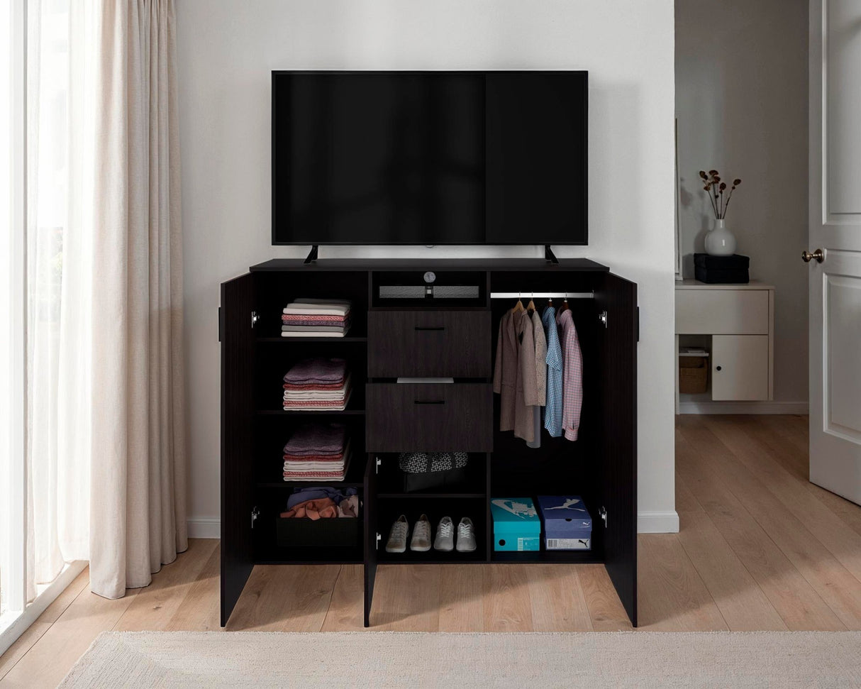 Closet Letna Wengue 140x140cm con 2 Cajones con 4 Entrepaños con Espacio para TV - Closets | Bylmo