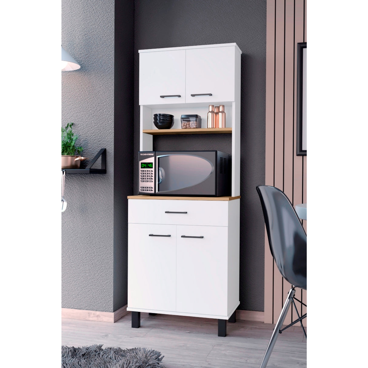 Alacena Z60 Blanco y Macadamia 58x160cm con Un Cajón y con Cuatro Puertas - ALACENAS Y MUEBLES MICROONDAS | Bylmo
