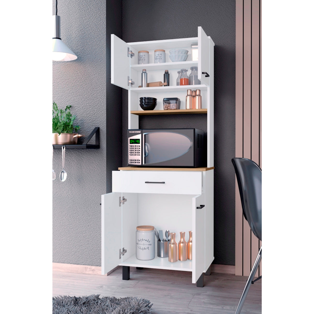 Alacena Z60 Blanco y Macadamia 58x160cm con Un Cajón y con Cuatro Puertas - ALACENAS Y MUEBLES MICROONDAS | Bylmo
