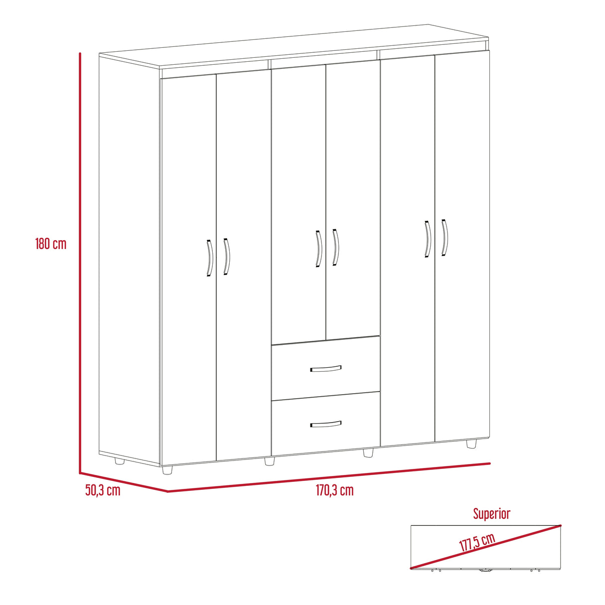 Closet Bariloche Wengue 170.3x180cm con Seis Puertas y con Dos Cajones - CLOSETS | Bylmo