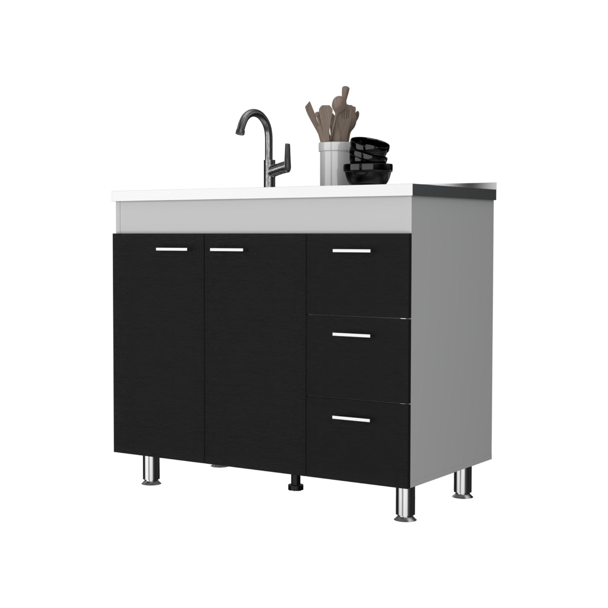 Mueble Inferior de Cocina Ferreti Wengue y Blanco 100x90cm con Mezón Izquierdo de Acero Inoxidable y sin Estufa