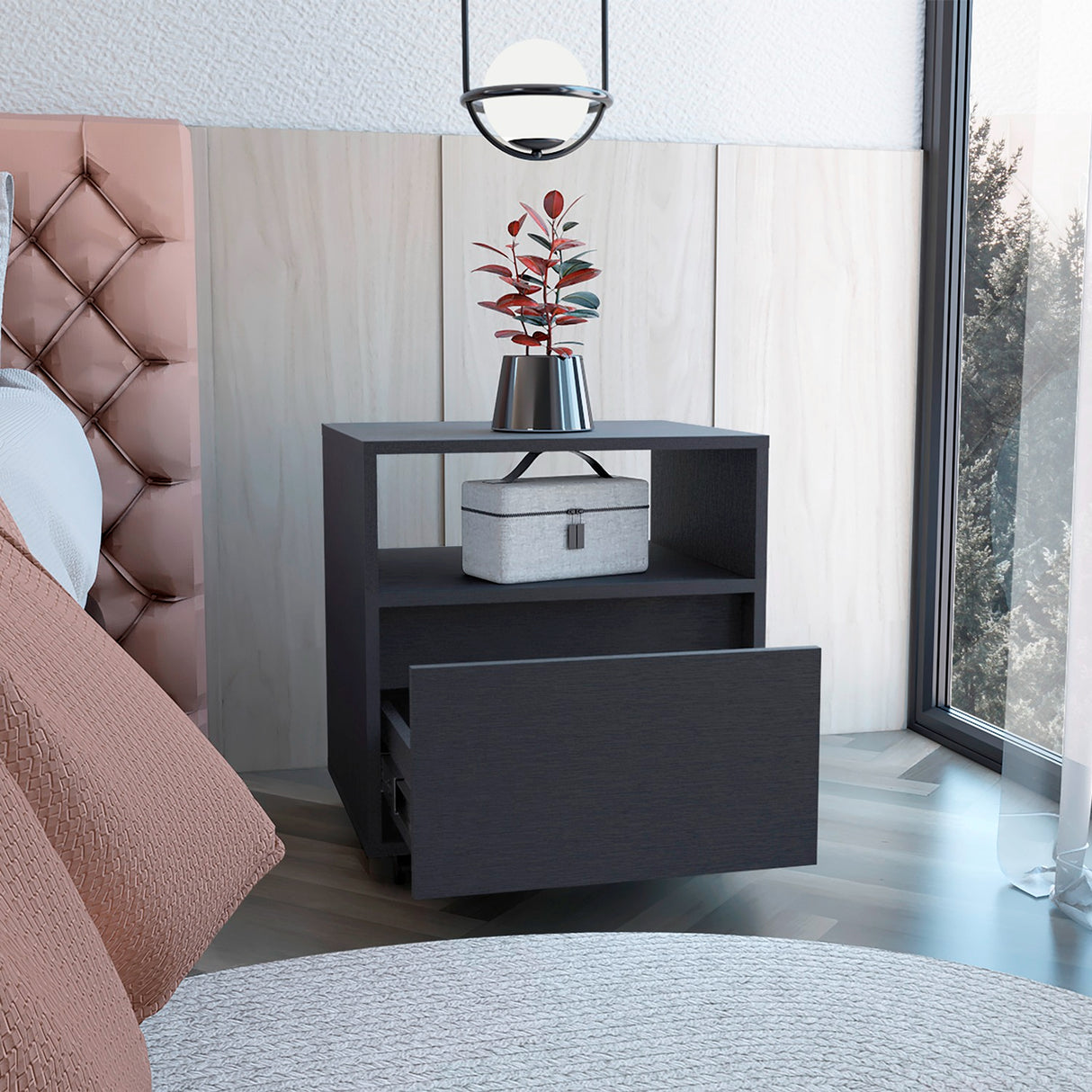 Mesa de Noche Wengue 48.1x52cm con Un Cajon con Un Compartimiento y con Ruedas - MESAS DE NOCHE | Bylmo