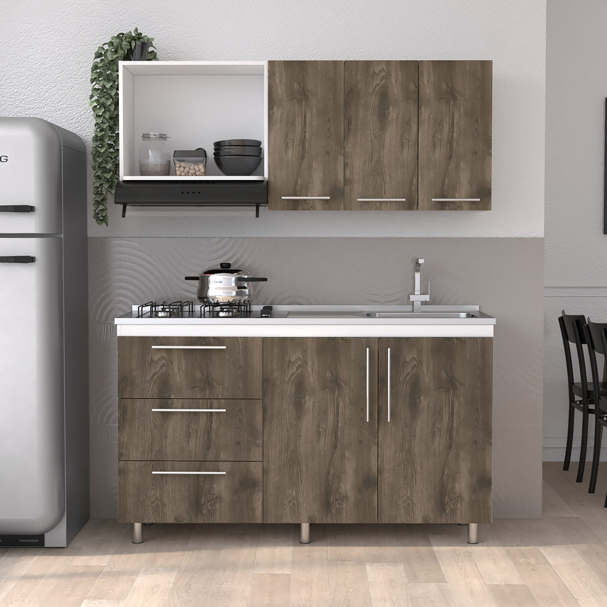 Cocina Rubi Bellota y Blanco 150x50cm con Mesón de Acero Inoxidable Lado Derecho y sin Estufa - COCINAS | Bylmo