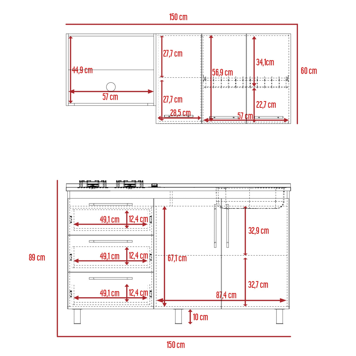 Cocina Rubi Bellota y Blanco 150x50cm con Mesón de Acero Inoxidable Lado Derecho y sin Estufa - COCINAS | Bylmo