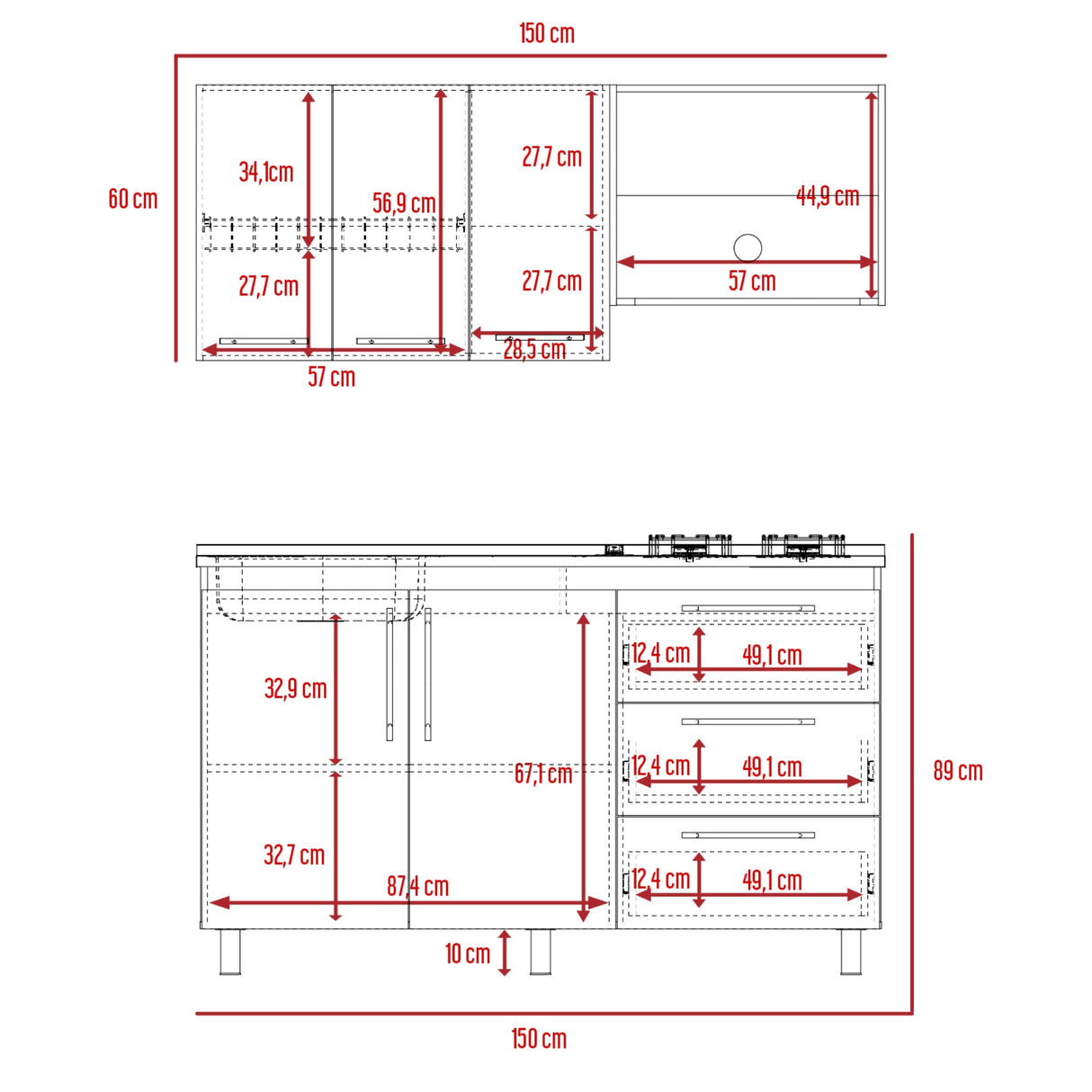 Cocina Rubi Duna y Blanco 150x50cm con Mesón de Acero Inoxidable Lado Izquierdo y sin Estufa - COCINAS | Bylmo