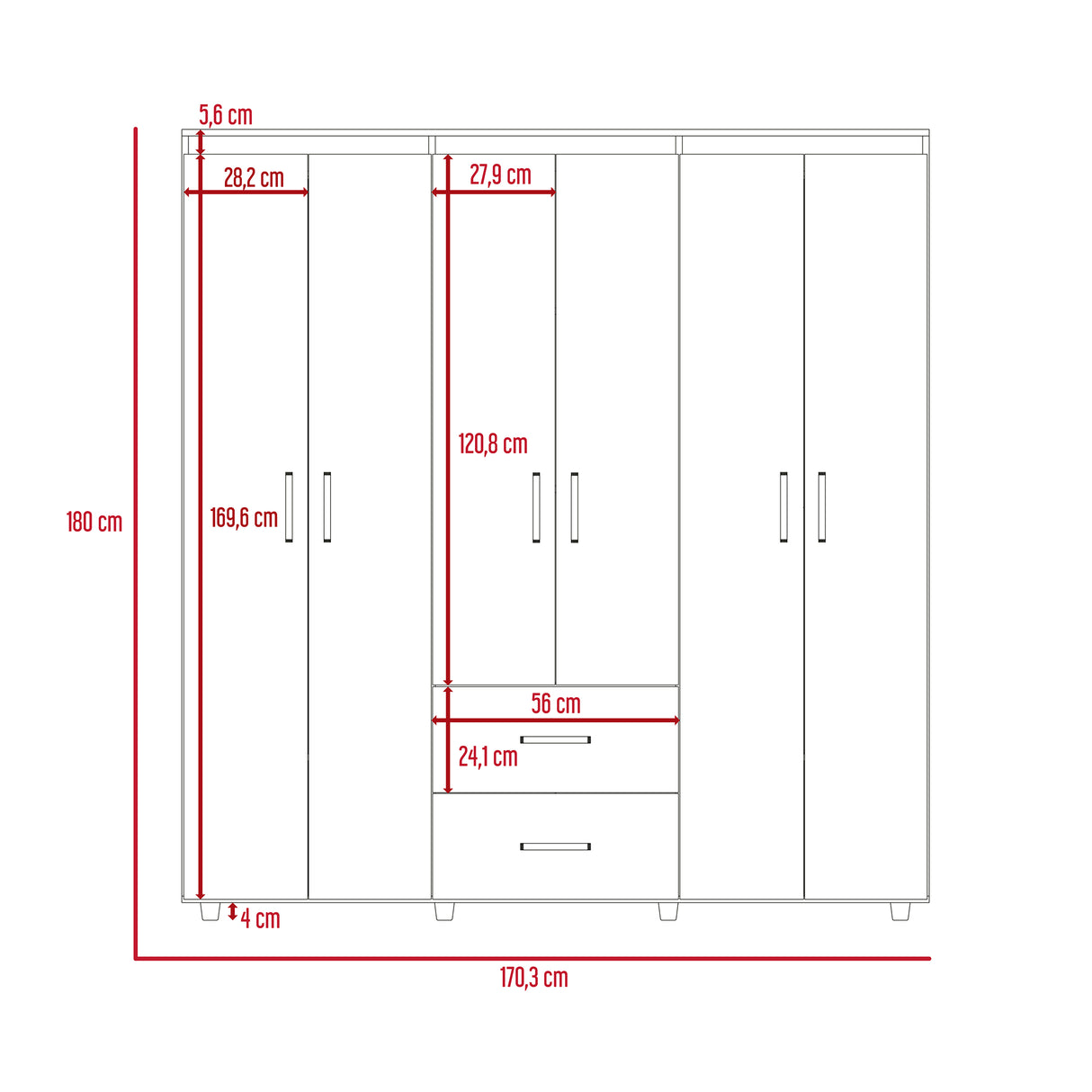 Closet Bariloche Blanco Positano 170.3x180cm con Seis Puertas y con Dos Cajones - CLOSETS | Bylmo