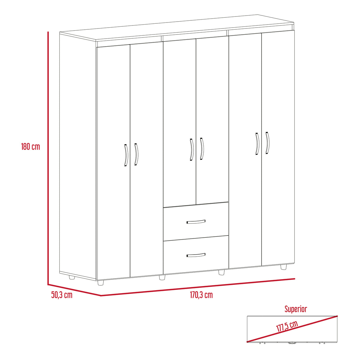 Closet Bariloche Blanco Positano 170.3x180cm con Seis Puertas y con Dos Cajones - CLOSETS | Bylmo