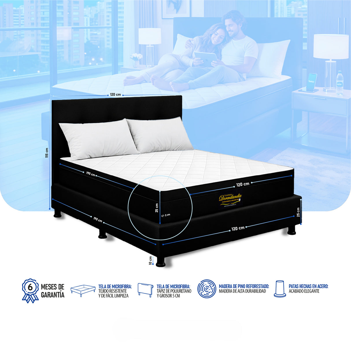 Combo Colchón Enrollado y Base Cama Versalles Negro Semidoble 120 X 190 Cm Medio Firme Ortopedico e Hipoalergénico - Combos Habitacion | Bylmo