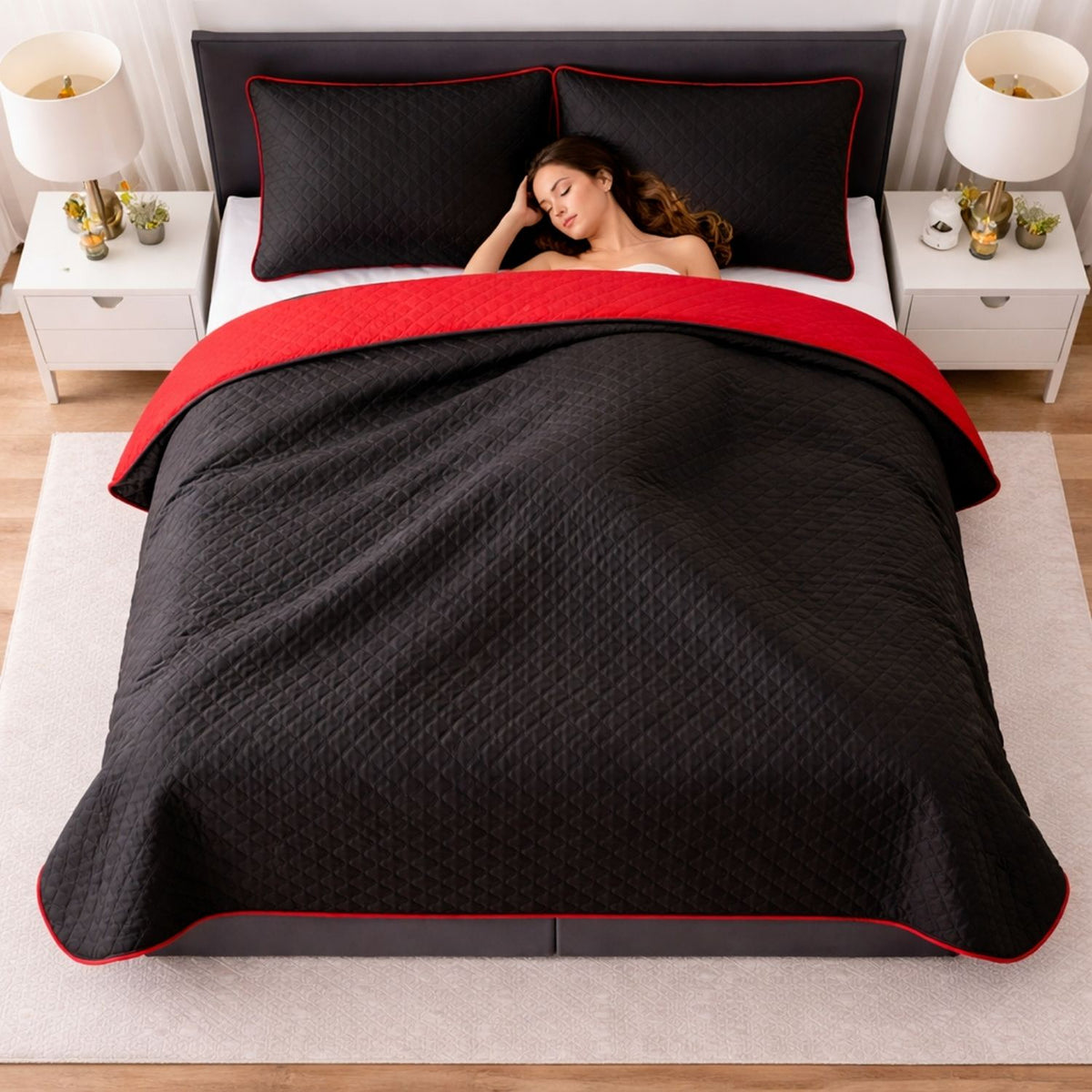 Colcha Doble Faz Rojo y Negra 180x220cm para Colchón Semidoble 120 X 190 Cm Sin Acolchado Sin Relleno Fondo Entero
