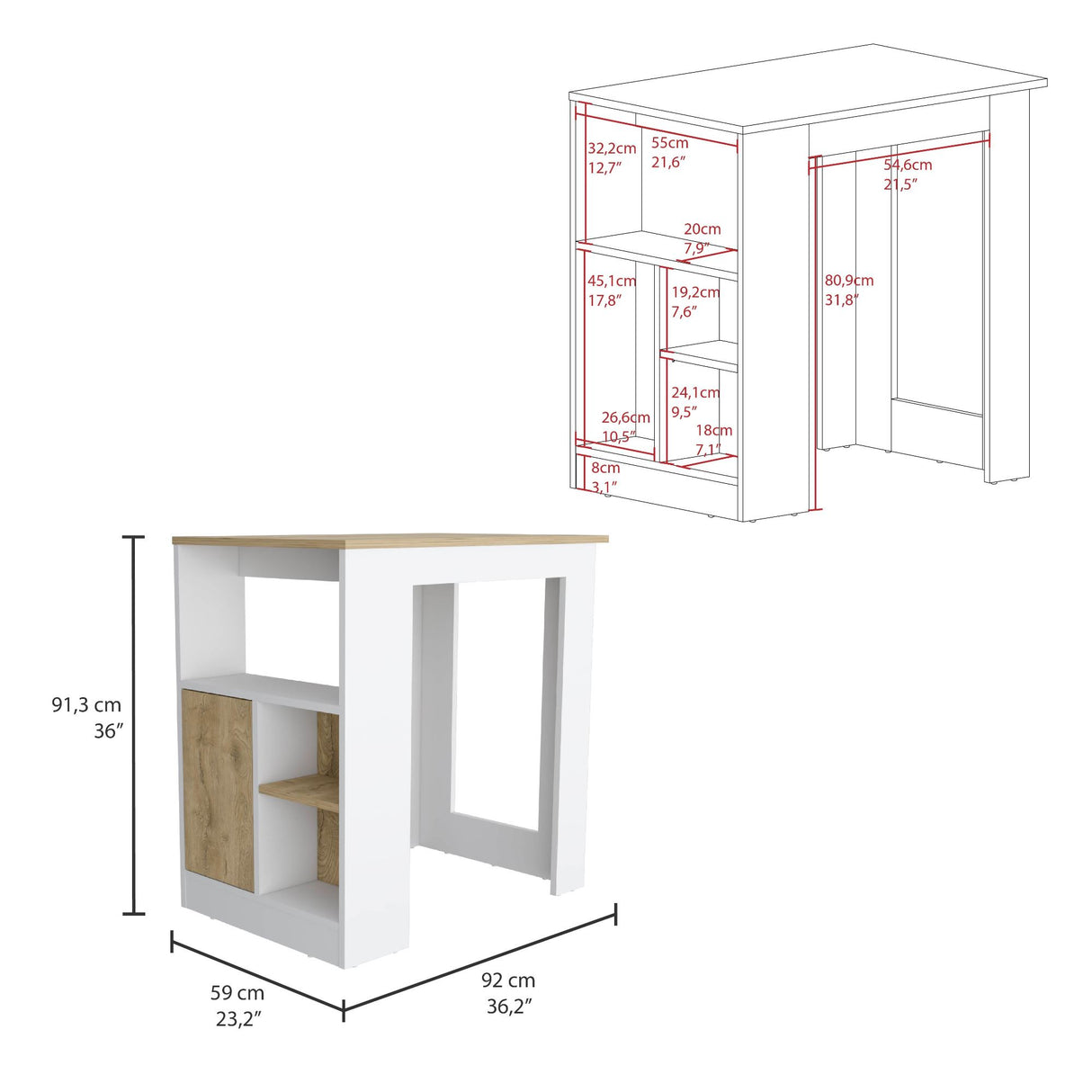 Isla de Cocina Stirling 59x92 Blanco Macadamia Moderna - Barras y Muebles Auxiliares | Bylmo