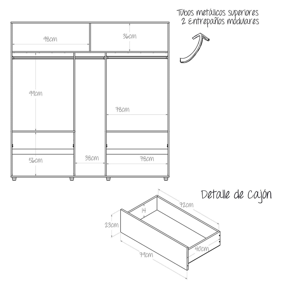 Closet Bari 200 Cm Niebla 2 Cajones 6 Entrepaños Moderno - Closets | Bylmo