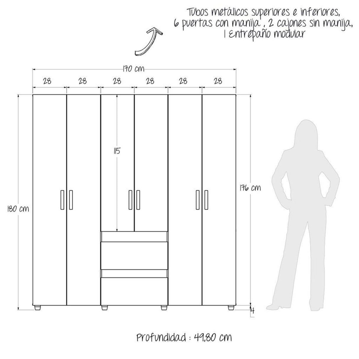 Closet Eli 170x180 Rovere 2 cajones 6 puertas - Closets | Bylmo