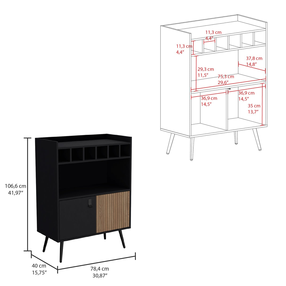 Bar Funes Wengue y Lenno 78.4x106cm con Tres Compartimientos con Seis Portabotellas y con Patas - BARES | Bylmo