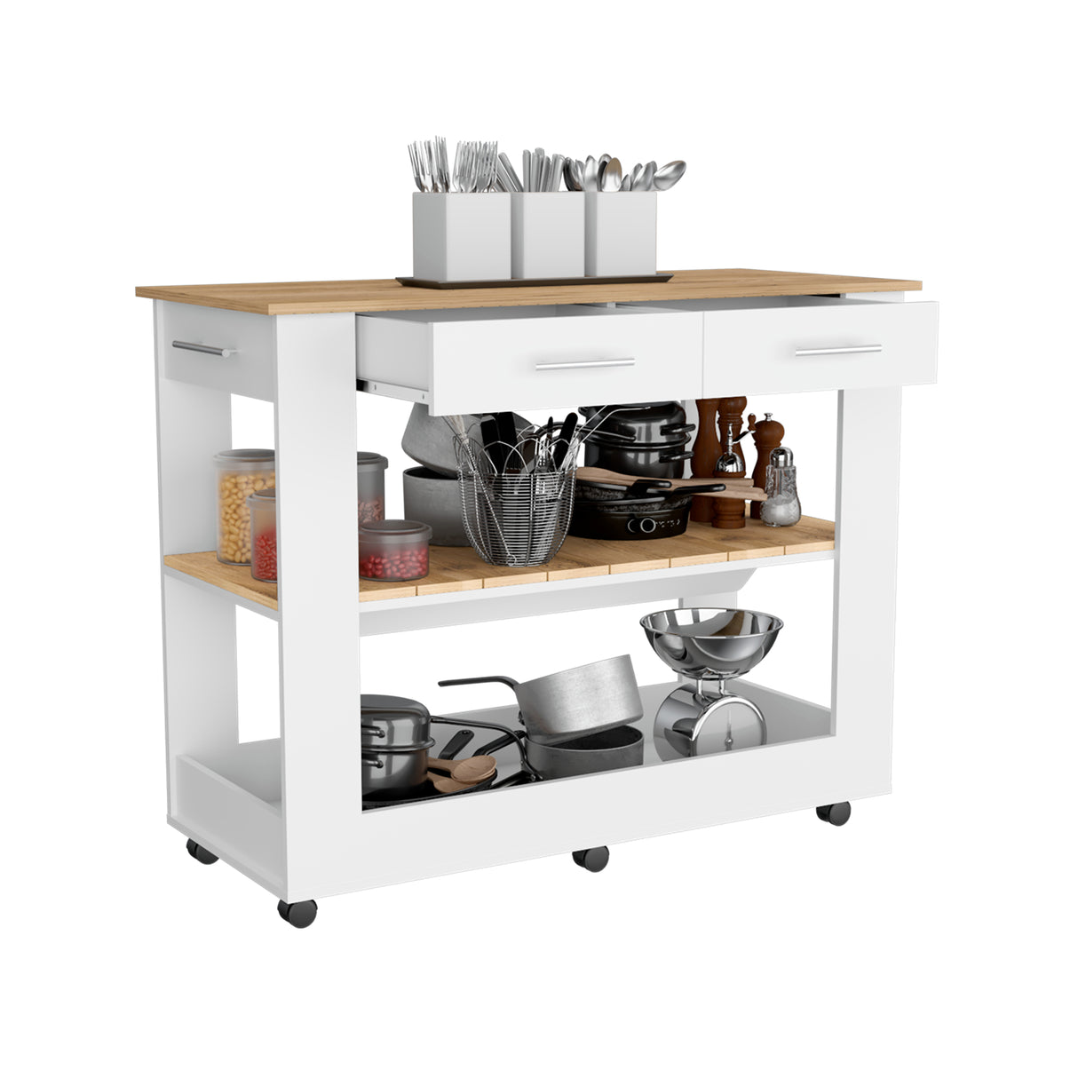 Isla de Cocina Cala 116.8x92.7cm Blanco con Entrepaño y Rodachinas - Barras y Muebles Auxiliares | Bylmo
