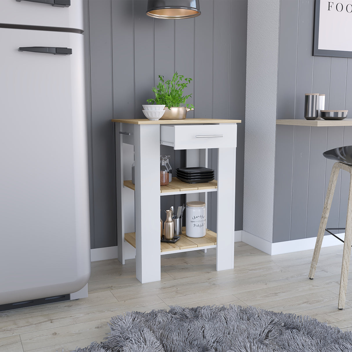 Isla de Cocina Cala 65x93.4cm Blanco con Entrepaños - Barras y Muebles Auxiliares | Bylmo