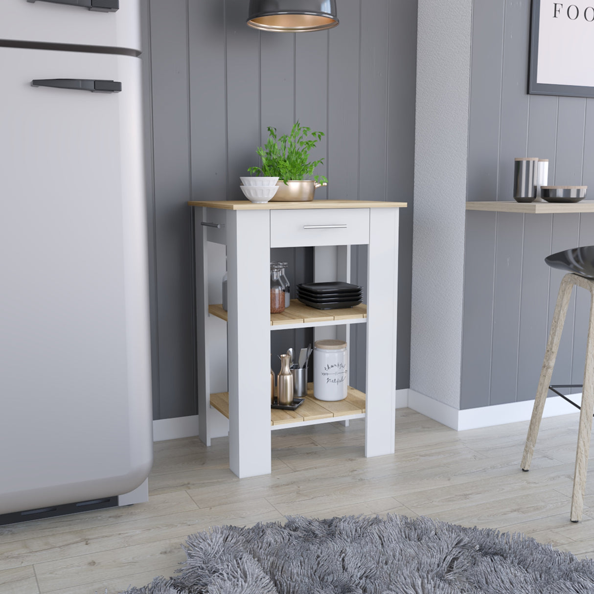 Isla de Cocina Cala 65x93.4cm Blanco con Entrepaños - Barras y Muebles Auxiliares | Bylmo