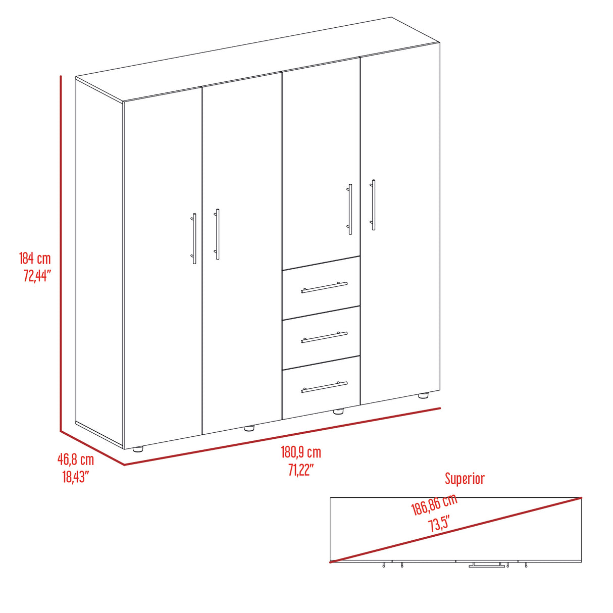 Closet Harlem Bellota 181x184cm con Tres Cajones - Closets | Bylmo