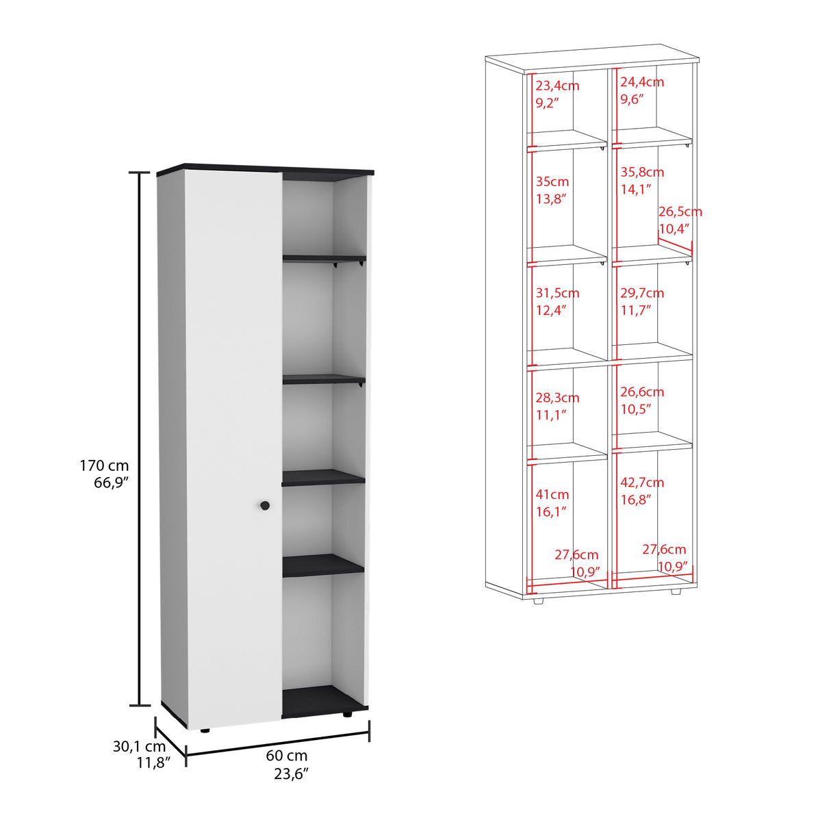 Alacena Hoyt Blanco con Bordes Negros 60x170cm de Pared con Una Puerta - Alacenas y Muebles Microondas | Bylmo